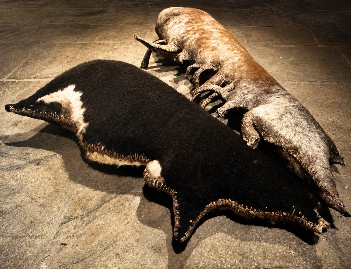 ELIANE DUARTE — BOI

Em Boi, o tecido deixa de revestir o corpo para tornar-se corpo. Volumes preenchidos, matéria espessa e costuras expostas produzem uma presença animal e visceral. Paulo Venancio Filho compreende a escultura de Eliane como uma cicatriz — uma resposta da vida à violência —, enquanto Viviane Matesco identifica nessas formas biomórficas a tensão entre atração e repulsa, vida e morte. A costura não fecha a ferida: torna-se a própria linguagem da obra.