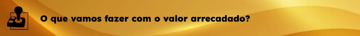 Divisor de sessão, fundo dourado com texto e símbolo da AbleGamers em preto alinhados à esquerda. O texto diz: "O que vamos fazer com o valor arrecadado?"