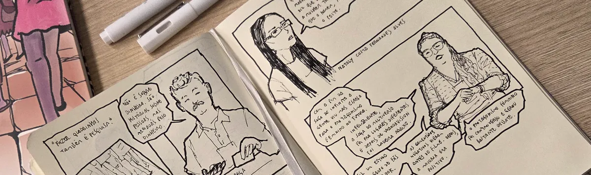 Desenhos das apresentações acadêmicas sobre quadrinhos nas Jornadas Internacionais de Quadrinhos da USP
