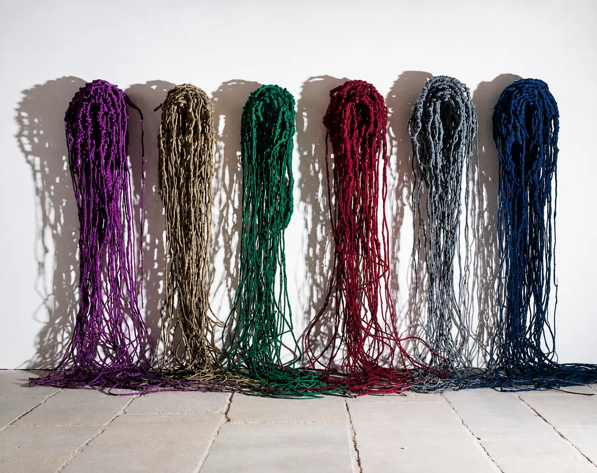 ELIANE DUARTE — RIBALTA, 1999

Lurex, algodão, correntes, cordões, amuletos, plástico e penas
Conjunto de seis elementos
Coleção Fondation Cartier pour l’art contemporain, Paris

Ribalta reúne seis volumes — violeta, ouro, verde, cobre, prata e azul — dispostos lado a lado, entre trança, novelo, corpo e amuleto. A matéria se organiza sem perder sua instabilidade: ordem e caos, simetria e organicidade, delicadeza e tensão convivem na mesma estrutura.

Na leitura crítica apresentada pelo Bildmuseet, a obra marca uma inflexão na produção de Eliane. Se trabalhos anteriores se aproximavam da cicatriz e da ferida, com uma fisicalidade por vezes brutal, Ribalta desloca essa investigação para um registro mais íntimo e abstrato, preservando o volume orgânico e a presença corporal característicos de sua obra.

Adquirida no contexto da coleção da Fondation Cartier pour l’art contemporain, que coleciona obras de Eliane desde 2000, Ribalta atravessou a programação internacional da instituição e está novamente em Paris na Exposition Générale, 2025–2026, exposição inaugural da nova Fondation Cartier no Palais-Royal.

Importante: não encontrei em fonte institucional confiável as dimensões exatas de Ribalta. Não colocaria uma medida inventada no Catarse. Se você tiver foto do verso, ficha da Fondation Cartier, catálogo ou ficha antiga da Eliane, me mande que eu localizo a dimensão e fechamos a ficha catalográfica completa.
