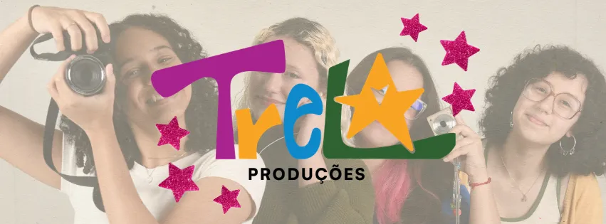 Foto das quatro integrantes da Trela Produções, de autoria própria. Da esquerda para a direita; Heloisa, Ana Clara, Yumi e Luisa. Com a logo da produtora no meio da foto.Foto das quatro integrantes da Trela Produções, de autoria própria. Da esquerda para a direita; Heloisa, Ana Clara, Yumi e Luisa. Com a logo da produtora no meio da foto.