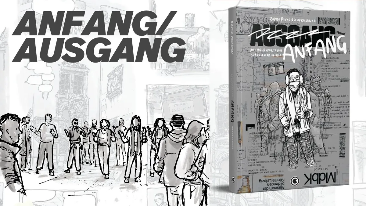 Divulgação de Anfang/Ausgang com mockup da capa e desenhos diversos das páginas.