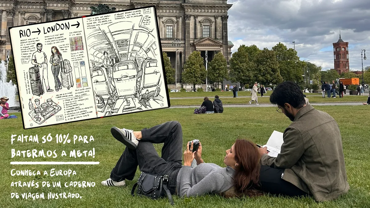 Divulgação do Caderno de Viagem - Europa Central, onde temos Rapha e sua esposa desenhando a catedral de Berlin sentados no gramado.