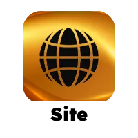Ícone quadrado com bordas arredondadas, fundo dourado e ilustração de globo ao centro na cor preta