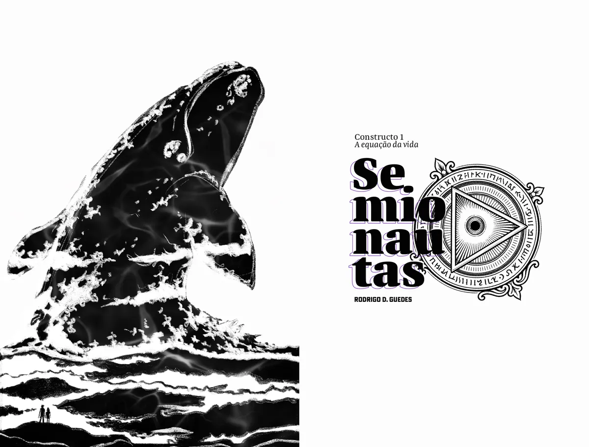 Imagem em negativo de Baleia Franca saltando e a logo do livro.
