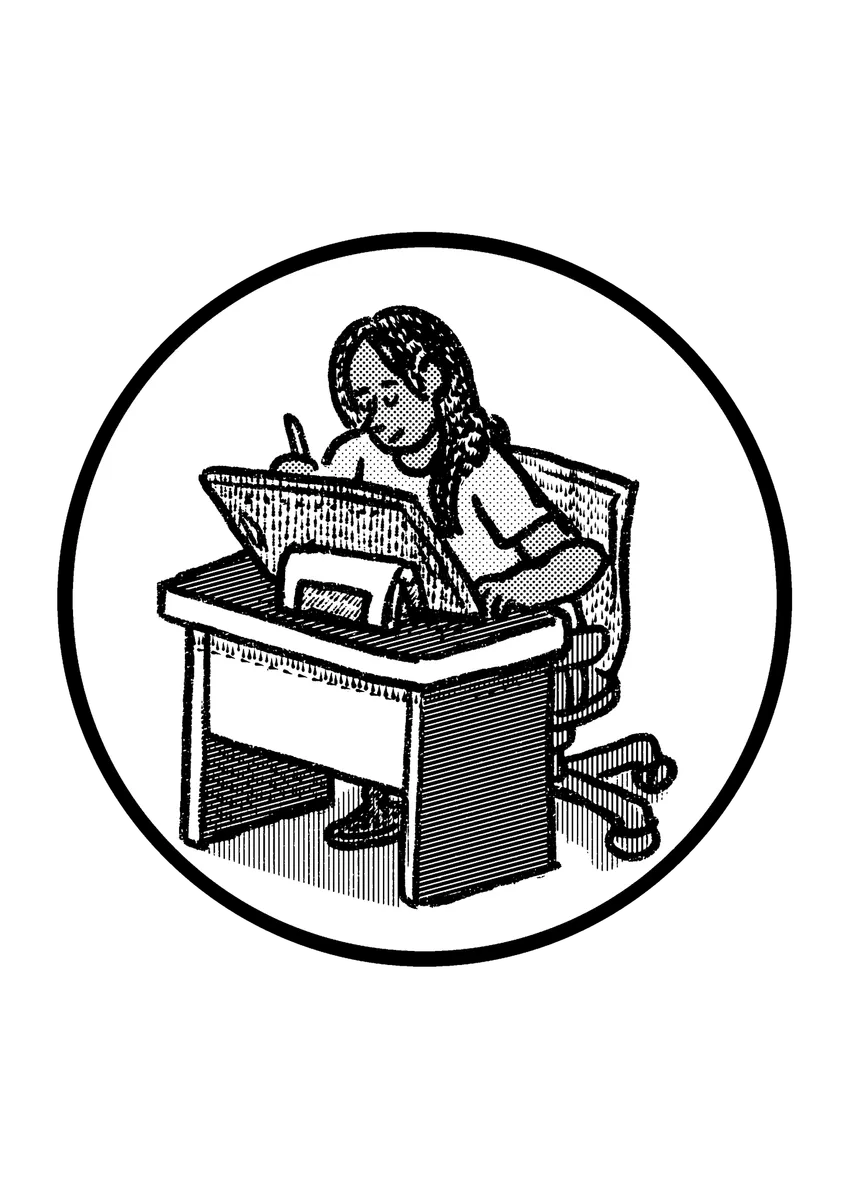 autorretrato em preto e branco. O personagem está sentado em sua prancheta desenhando.